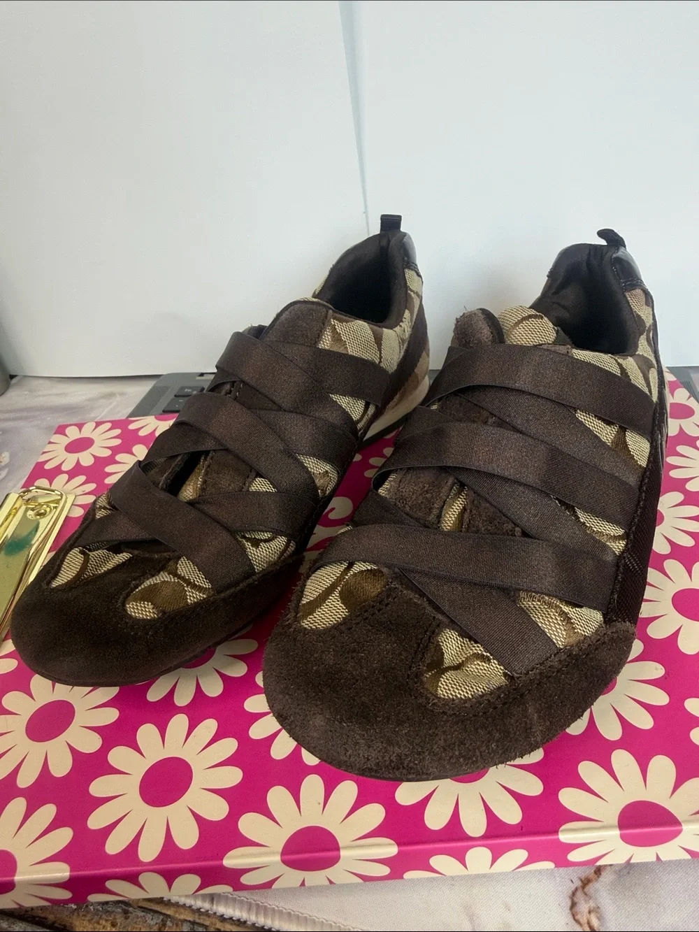 Coach Brown Signature Ribbon Slip-On Sneakers with Suede Trim‎